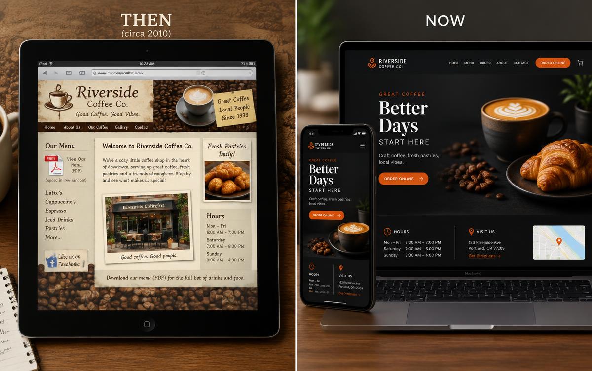 Before and after: Riverside Coffee Co.'s cluttered PDF-menu website beside the modern site with online ordering
