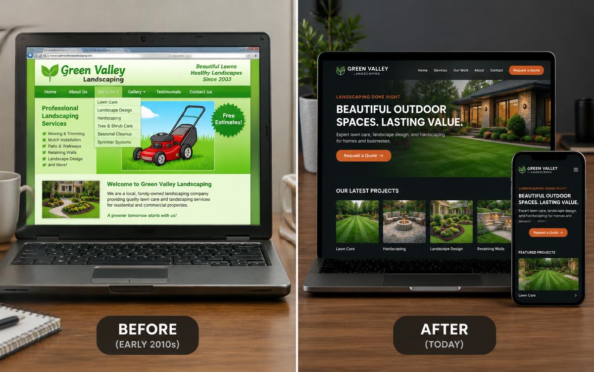 Before and after: Green Valley Landscaping's green-gradient 2010s website beside the modern dark site with a project gallery