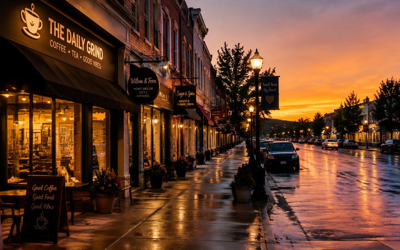 A main street lined with local businesses at dusk