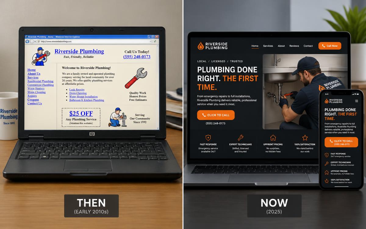 Before and after: Riverside Plumbing's dated 2010s website beside the new dark, modern site with a click-to-call button