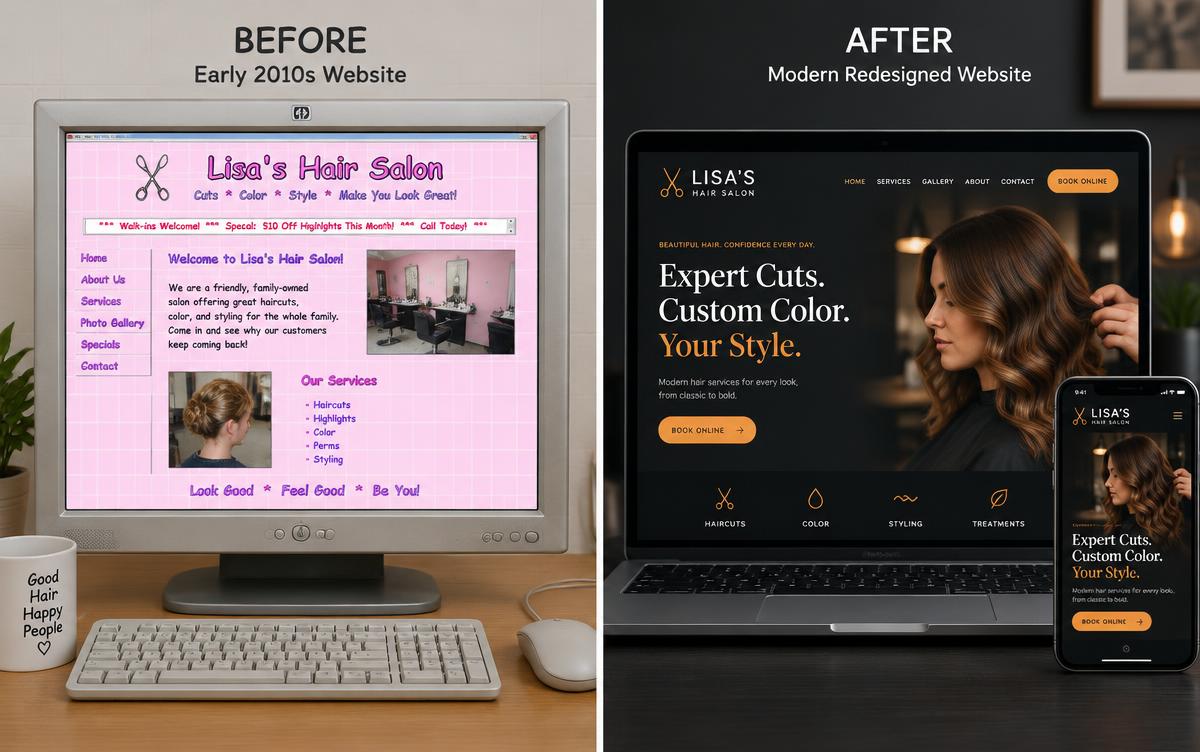 Before and after: Lisa's Hair Salon's pale pink 2010s website beside the sleek redesigned site with online booking